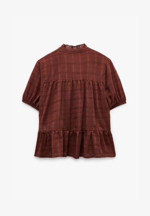 Roestkleurige blouse van textuurstof, met een rimpelboord, korte pofmouwen en een gelaagde, geraffineerde zoom.
