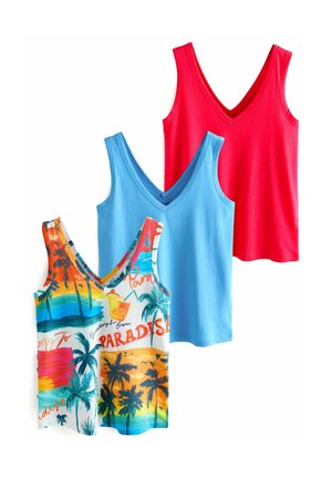 Three tank tops: one red, one solid blue, one with a colorful tropical print. All feature V-neck designs and soft cotton material.