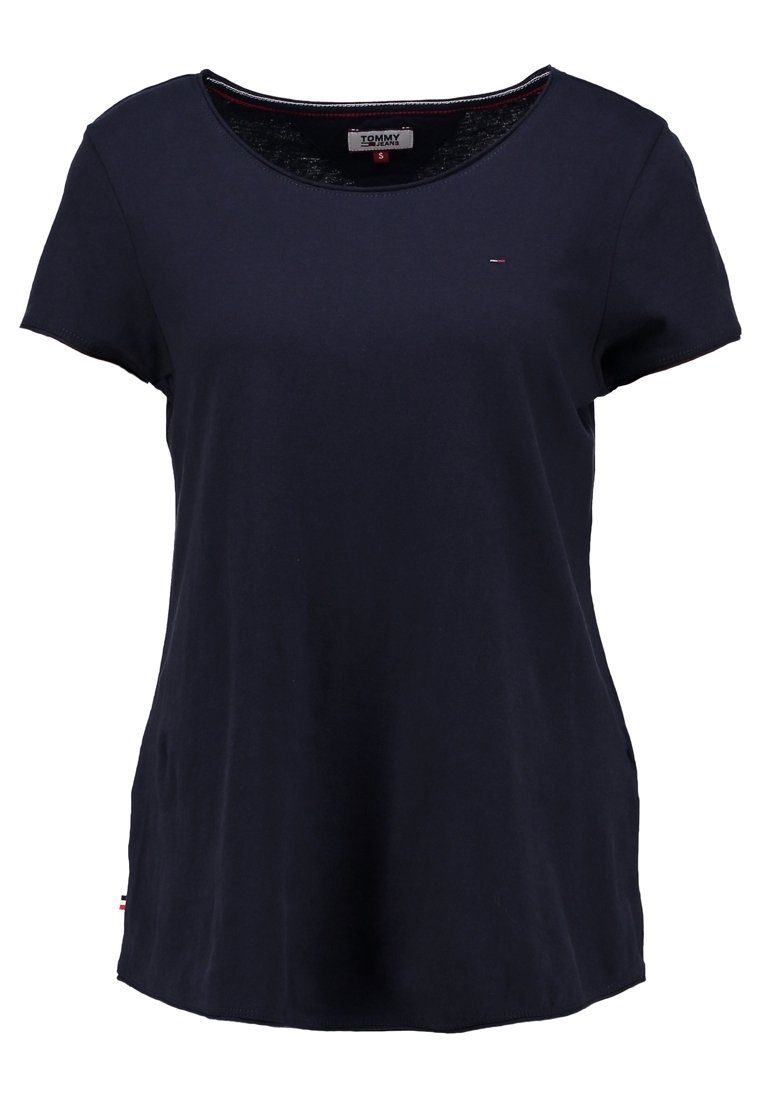 Tmavomodré krátkos sleeves dámské tričko s kulatým výstřihem, malé logo Tommy Hilfiger na hrudi a štítek uvnitř límce označený velikostí S.