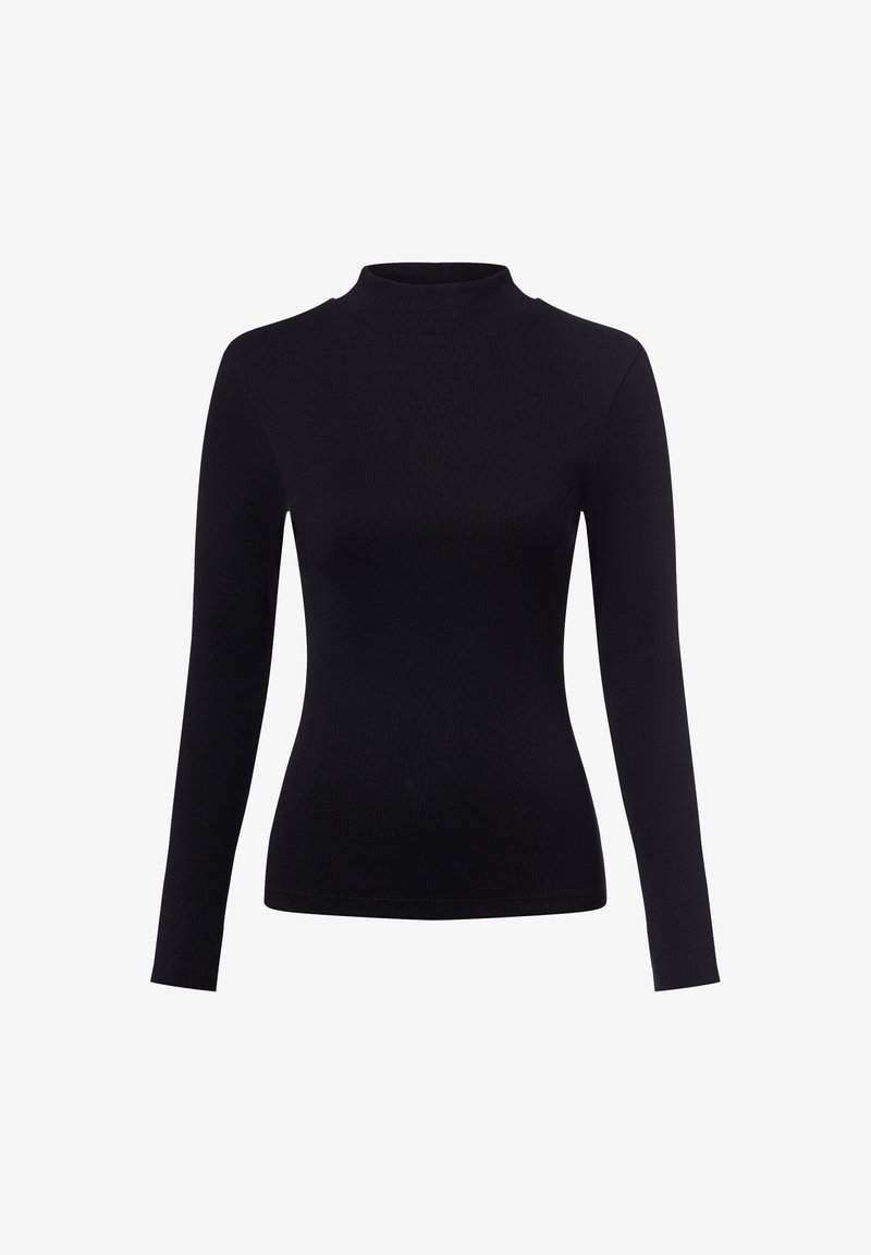 Czarny, długi rękaw, golfowy top wykonany z prążkowanej tkaniny, charakteryzujący się dopasowanym krojem i wysokim kołnierzem. Gładka faktura i minimalistyczny styl.