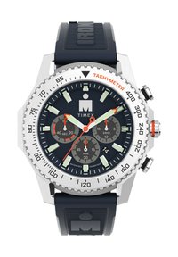 Timex chronografas su tamsiai mėlynu guminiu dirželiu, sidabriniu nerūdijančio plieno korpusu, tamsiai mėlynu ciferblatu ir oranžinėmis akcentais ant subdienos ir rodyklių.