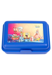 Lunch box di plastica blu con un design colorato e cartoon di personaggi di "SpongeBob SquarePants" sul coperchio.