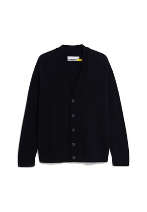 Navy cardigan made of soft knit fabric. Features a V-neck, six buttons, and a small embroidered logo on the left side. Smooth texture.