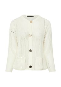 Cardigan bianco lavorato a maglia con una texture leggera e a trama aperta, dotato di due tasche, scollo rotondo e tre bottoni sul davanti.