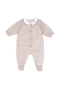 Dungaree pour bébé couleur marron clair avec motif à carreaux, col volant blanc, manches longues et boutons pression sur le devant. Tissu doux, design avec pieds.