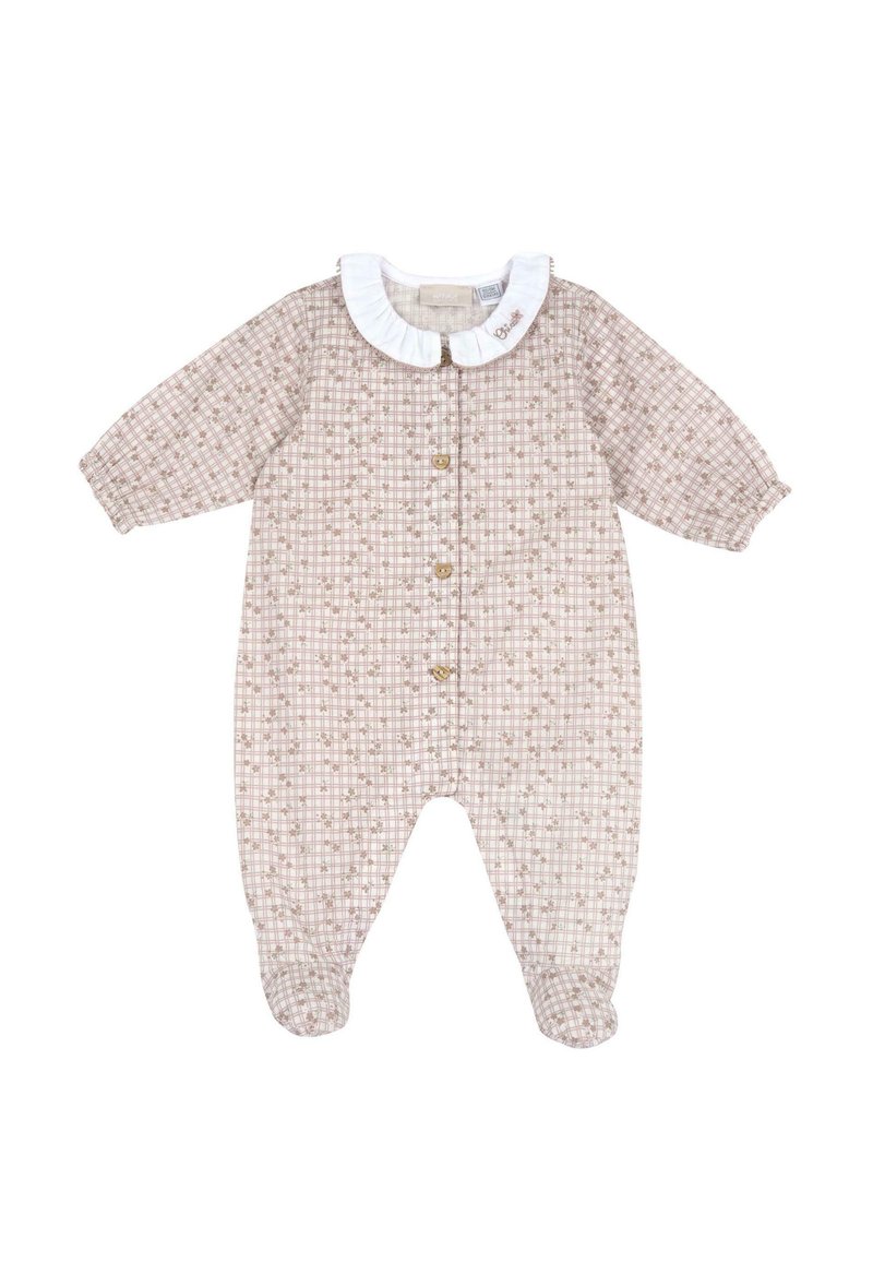 Dungaree pour bébé couleur marron clair avec motif à carreaux, col volant blanc, manches longues et boutons pression sur le devant. Tissu doux, design avec pieds.