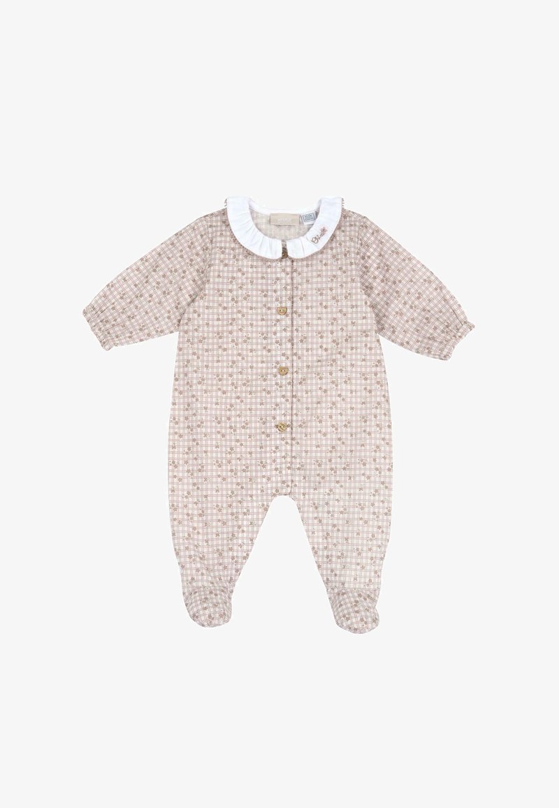 Dungaree pour bébé couleur marron clair avec motif à carreaux, col volant blanc, manches longues et boutons pression sur le devant. Tissu doux, design avec pieds.