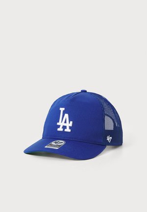 Blue baseball cap with white "LA" logo on the front. Mesh back, flat visor, and branded tag on the side. Simple, structured design.