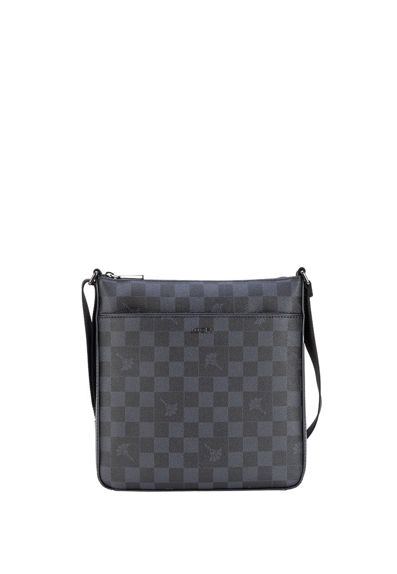 Borsa a tracolla nera a quadri in pelle texturizzata con chiusura a zip, tracolla regolabile e dettaglio logo discreto sulla parte anteriore.