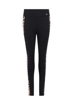 Zwarte leggings met een aansluitend ontwerp, voorzien van luipaardprint zijpanelen en een brede tailleband. Gemaakt van rekbare stof voor comfort.