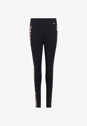 Zwarte leggings met een aansluitend ontwerp, voorzien van luipaardprint zijpanelen en een brede tailleband. Gemaakt van rekbare stof voor comfort.