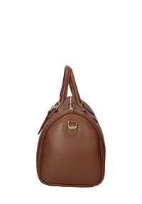 Borsa a mano in pelle marrone con forma arrotondata, dettagli in hardware dorato, doppio manico e chiusura a zip. Superficie testurizzata con grana visibile.