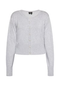 Lys grå sweater med lange ærmer, rund halsudskæring og cropped design. Har seks dekorative knapper langs fronten. Blød stoftekstur.
