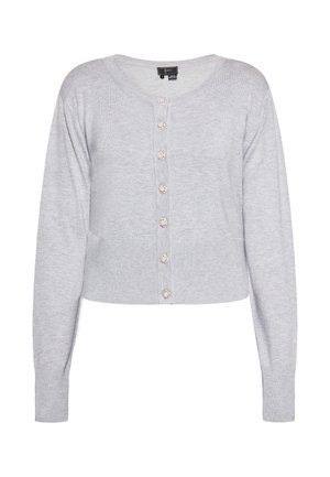 Šviesiai pilkas megztinis su ilgomis rankovėmis, apvalia iškirpte ir trumpa forma. Priekinėje dalyje yra šeši dekoratyviniai mygtukai. Minkšta medžiagos tekstūra.