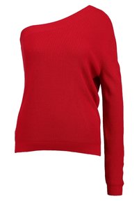 Czerwony sweter z dzianiny w prążki, z asymetrycznym fasonem bez ramiączka, z długim rękawem z jednej strony, o teksturowanym wykończeniu i luźnym kroju.