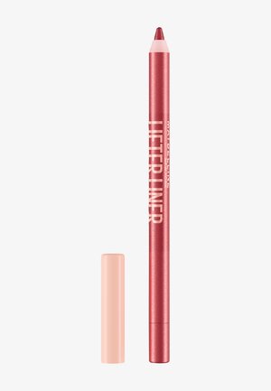 Crayon contour des lèvres rouge avec capuchon rose clair retiré et placé à côté sur un fond blanc uni.