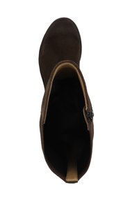 Stivaletto in suede marrone con punta arrotondata, fodera interna e dettagli con zip laterale per la chiusura. Esterno liscio e texture morbida.