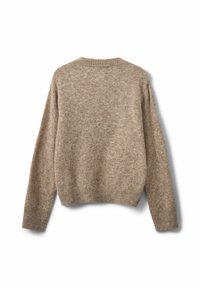 Beige gestrickter Pullover mit rundem Ausschnitt, langen Ärmeln und geripptem Saum. Texturierter Stoff mit einem dezenten Muster, von der Rückansicht präsentiert.