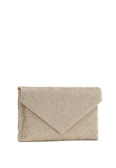 Metallic gold envelope clutch bag with a textured mesh surface and triangular flap closure, featuring a sleek, minimalistic design.