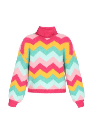 Pulover cu guler înalt, cu un model îndrăzneț în zigzag, în nuanțe de roz, galben, teal și albastru deschis, având mâneci lungi cu volane și mansete cu nervuri.
