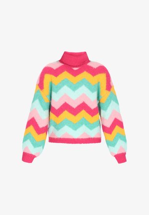 Minkštas megztinis su drąsiu zigzagų raštu rožinės, geltonos, mėlynos ir šviesiai mėlynos spalvos, turintis ilgas pūstas rankoves ir banguotus rankogalius.