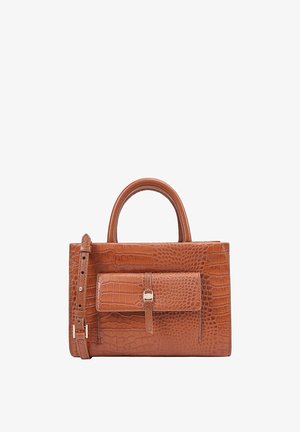 Brown faux crocodile leather handbag with a structured shape, top handles, and a detachable shoulder strap. Features a front flap pocket and silver hardware.