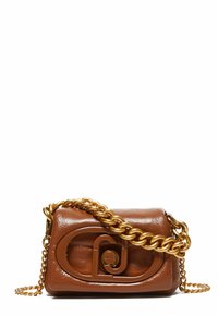 Brown leather handbag featuring a smooth texture, chunky gold chain strap, and a prominent embossed logo detail on the front.