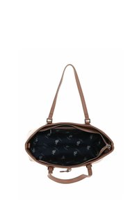 Sac à main beige avec deux poignées, fermeture éclair, et un intérieur en tissu foncé à motif avec de petits dessins de chevaux.