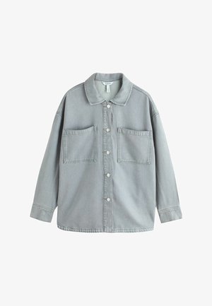 Light gray button-up denim jacket with spread collar, two large front patch pockets, and long sleeves.
