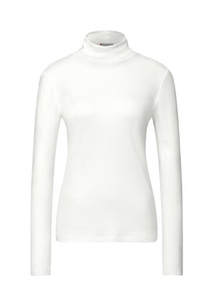 Maglia bianca a maniche lunghe con colletto a polo, realizzata in tessuto liscio, caratterizzata da un design fitted e un scollo alto con una finitura semplice e senza cuciture.