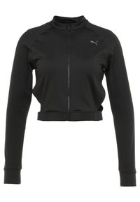 Sort tætsiddende atletisk jakke med høj krave, frontlynlås, lange raglanærmer og cropped kant. Har diskret logodetalje.