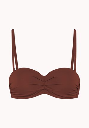 Bruin bandeautopje van bikini met dunne verstelbare schouderbandjes en lichte geplooide details aan de voorkant in het midden.