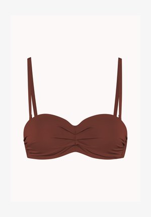Brown bandeau bikini top with thin adjustable shoulder straps and slight ruched detailing at the center front.