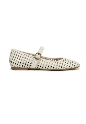 White perforated ballet flats with a pointed toe, textured woven strap, and a rectangular buckle detail. Smooth sole, casual design.