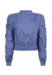 Blauw-wit geruite blouse met pofmouwen, een hoge kraag en een elastische zoom met twee knopen aan de voorkant. Soepel katoenmateriaal.