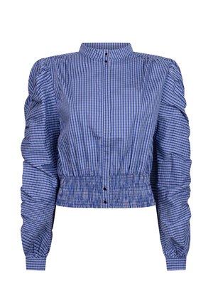 Blauw-wit geruite blouse met pofmouwen, een hoge kraag en een elastische zoom met twee knopen aan de voorkant. Soepel katoenmateriaal.