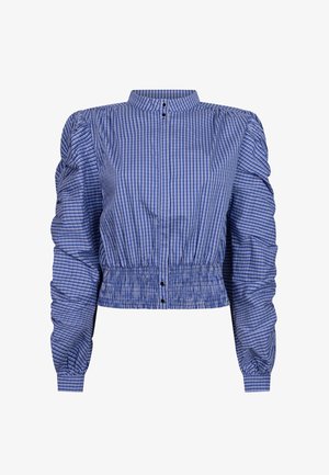 Blau-weiße karierten Bluse mit gepufften Ärmeln, hohem Kragen und elastischem Saum mit zwei vorderen Knöpfen. Glattes Baumwollmaterial.