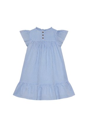 Gestreiftes blaues Kleid mit kurzen Flatterärmeln, rundem Ausschnitt, Knopfverschluss, geraffter Taille und einem Rüschensaum.