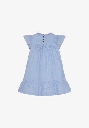 Vestido azul de rayas con mangas cortas acampanadas, escote redondo, cierre de botones, cintura fruncida y dobladillo con volantes.