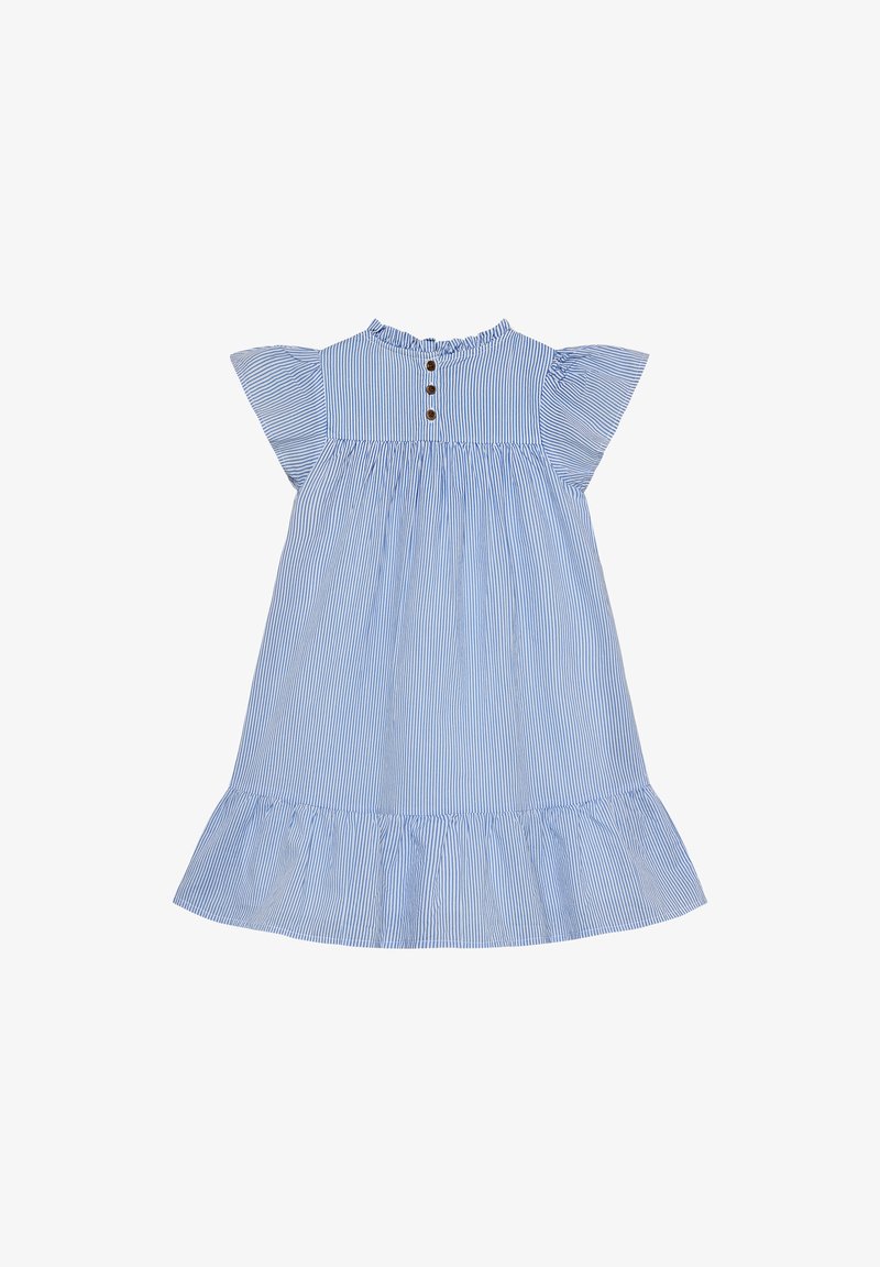 Robe bleue à rayures avec manches courtes volantées, encolure ronde, fermeture à boutons, taille froncée et ourlet à volants.