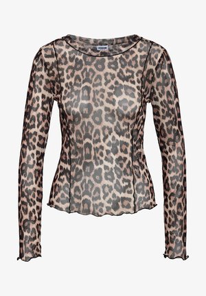 Langermet topp med leopardmønster i gjennomsiktig stoff. Har rund hals og bølget nederkant, med en blanding av jordfarger og svarte mønstre.