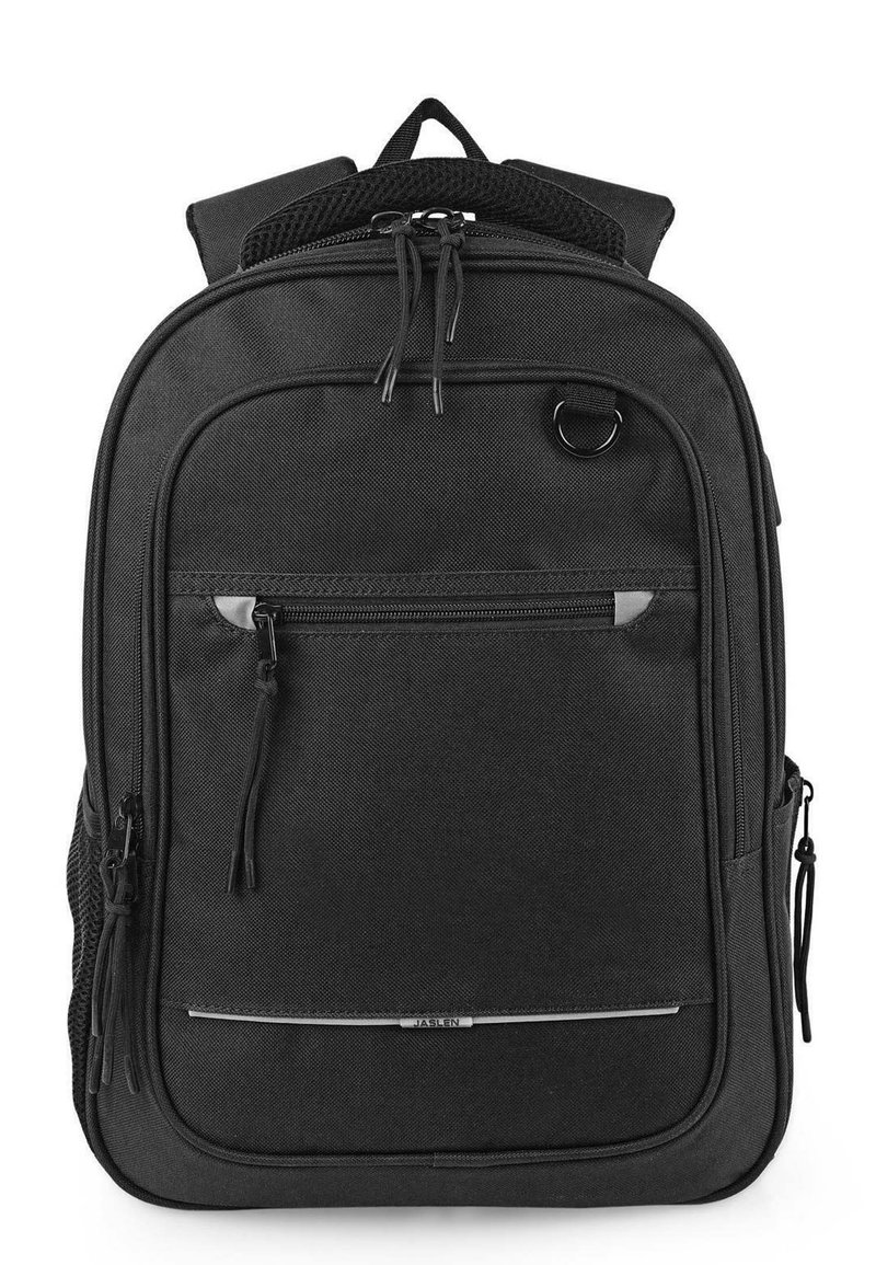 Mochila negra hecha de un tejido duradero, con múltiples compartimentos con cremallera, correas acolchadas y un acento metálico con el logo "JASLEN".