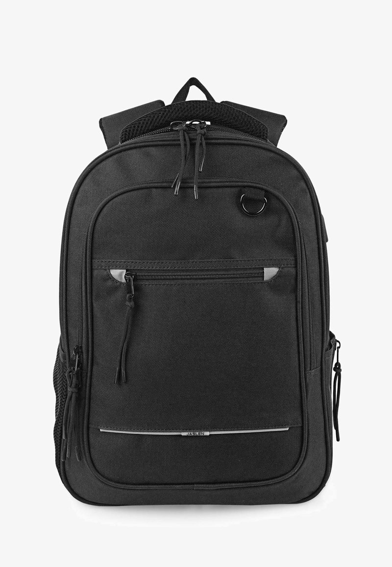 Mochila negra hecha de un tejido duradero, con múltiples compartimentos con cremallera, correas acolchadas y un acento metálico con el logo "JASLEN".