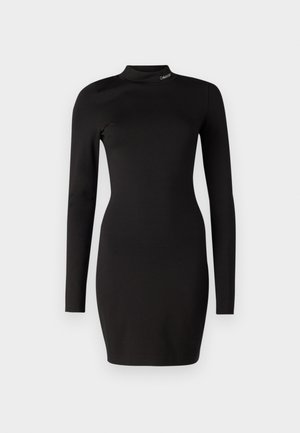 Μαύρο φόρεμα με μακριά μανίκια από ελαστικό ύφασμα, με ψηλό λαιμό και εφαρμοστή σιλουέτα. Λογότυπο της μάρκας στην κορώνα.