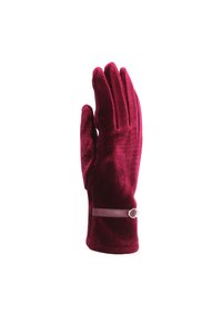 Guanto di velluto bordeaux con cinque dita, caratterizzato da una superficie liscia e una fascia decorativa con un anello in argento nella zona del polso.