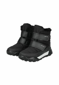 Botas negras hasta el tobillo con un upper de textil liso, dos correas de velcro y suelas de goma texturizadas. Forro de forro polar en el cuello para mayor calidez.