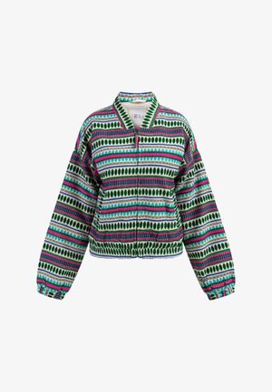 Multicolor bomberjack met een groen, roze en blauwe patroonontwerp. De stof is zacht met elastische manchetten en een ritsluiting.