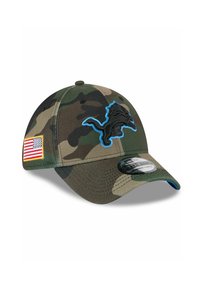 Tarnkappen-Baseballmütze aus Stoff; ausgestattet mit einem blauen gestickten Löwenlogo, einem Aufnäher der amerikanischen Flagge und einem gebogenen Schirm.