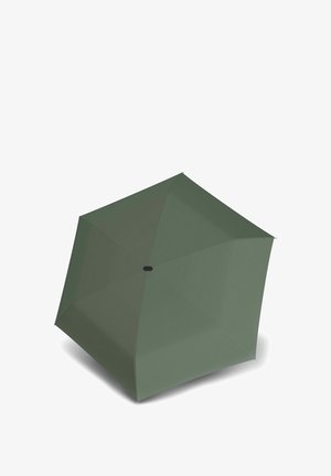 Green six-panel umbrella fully open, viewed from an angle showing its hexagonal shape and central black tip.