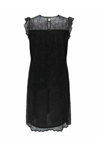 Svart spetsklänning med korta volangärmar, en nyckelhålrygg och en lagerdesign. Innehåller intrikata blommönster och en halv genomskinlig textur.